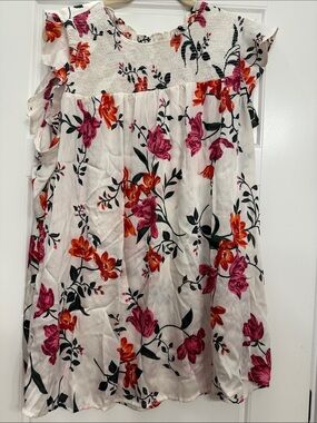 Old Navy White Floral Ruffle Sleeve Blouse with Pink & Orange Flowers